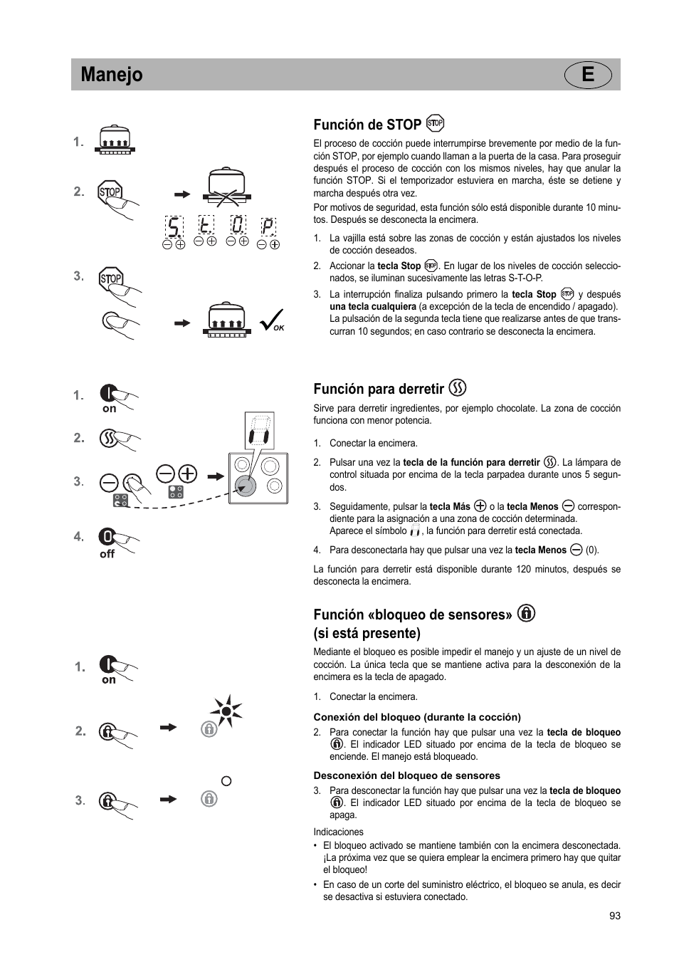 Manejo e, Función de stop, Función para derretir | Función «bloqueo de sensores» (si está presente) | Teka IR 950 User Manual | Page 93 / 120