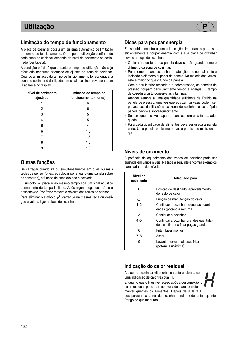 Utilização p, Limitação do tempo de funcionamento, Outras funções | Dicas para poupar energia, Níveis de cozimento, Indicação do calor residual | Teka VR TC 95 4I User Manual | Page 102 / 113