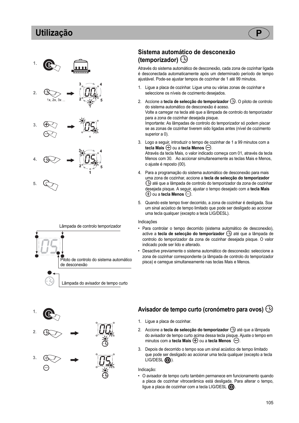 Utilização p, Sistema automático de desconexão (temporizador), Avisador de tempo curto (cronómetro para ovos) | Teka VR TC 95 4I User Manual | Page 105 / 113