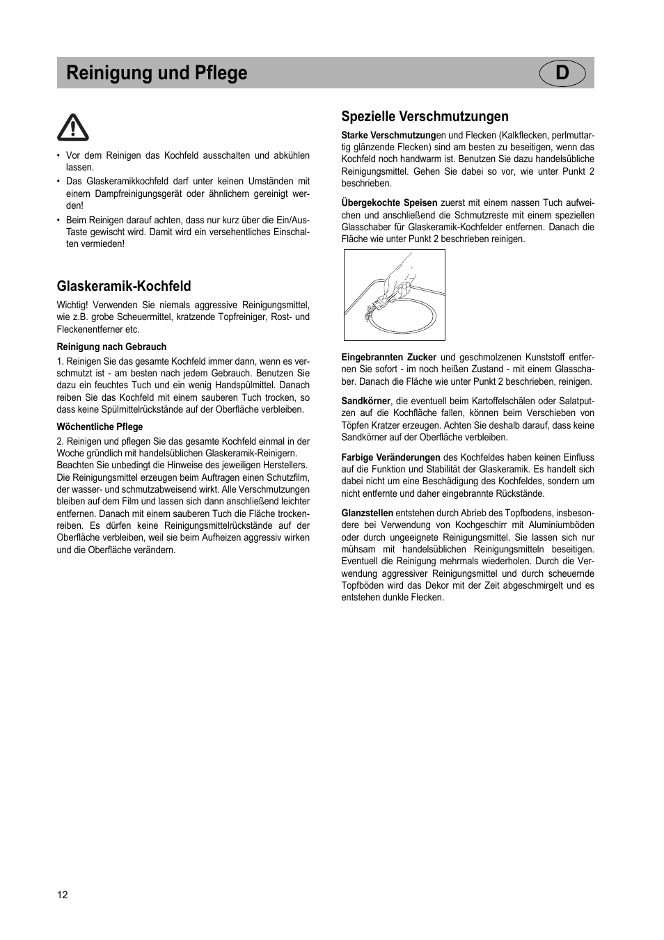 Reinigung und pflege d, Glaskeramik-kochfeld, Spezielle verschmutzungen | Teka VR TC 95 4I User Manual | Page 12 / 113