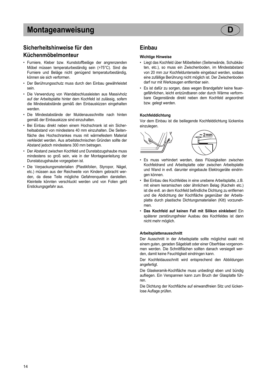 Montageanweisung d, Sicherheitshinweise für den küchenmöbelmonteur, Einbau | Teka VR TC 95 4I User Manual | Page 14 / 113