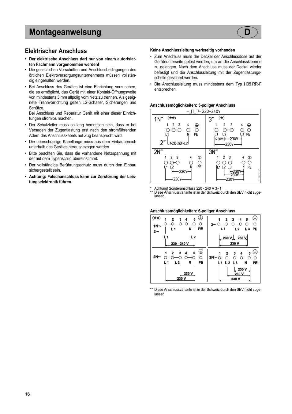 Montageanweisung d, Elektrischer anschluss | Teka VR TC 95 4I User Manual | Page 16 / 113