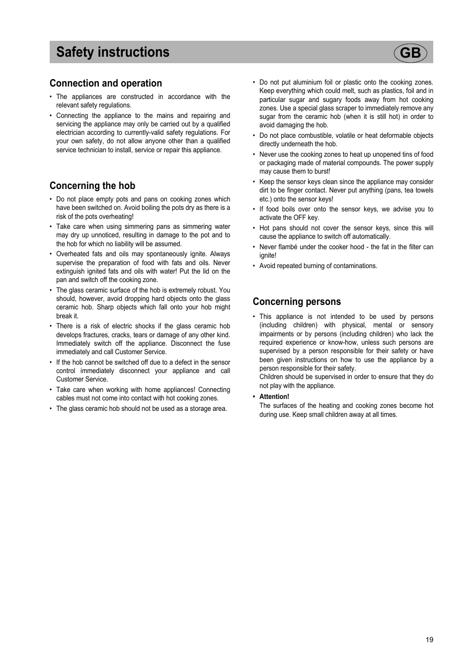 Safety instructions gb, Connection and operation, Concerning the hob | Concerning persons | Teka VR TC 95 4I User Manual | Page 19 / 113