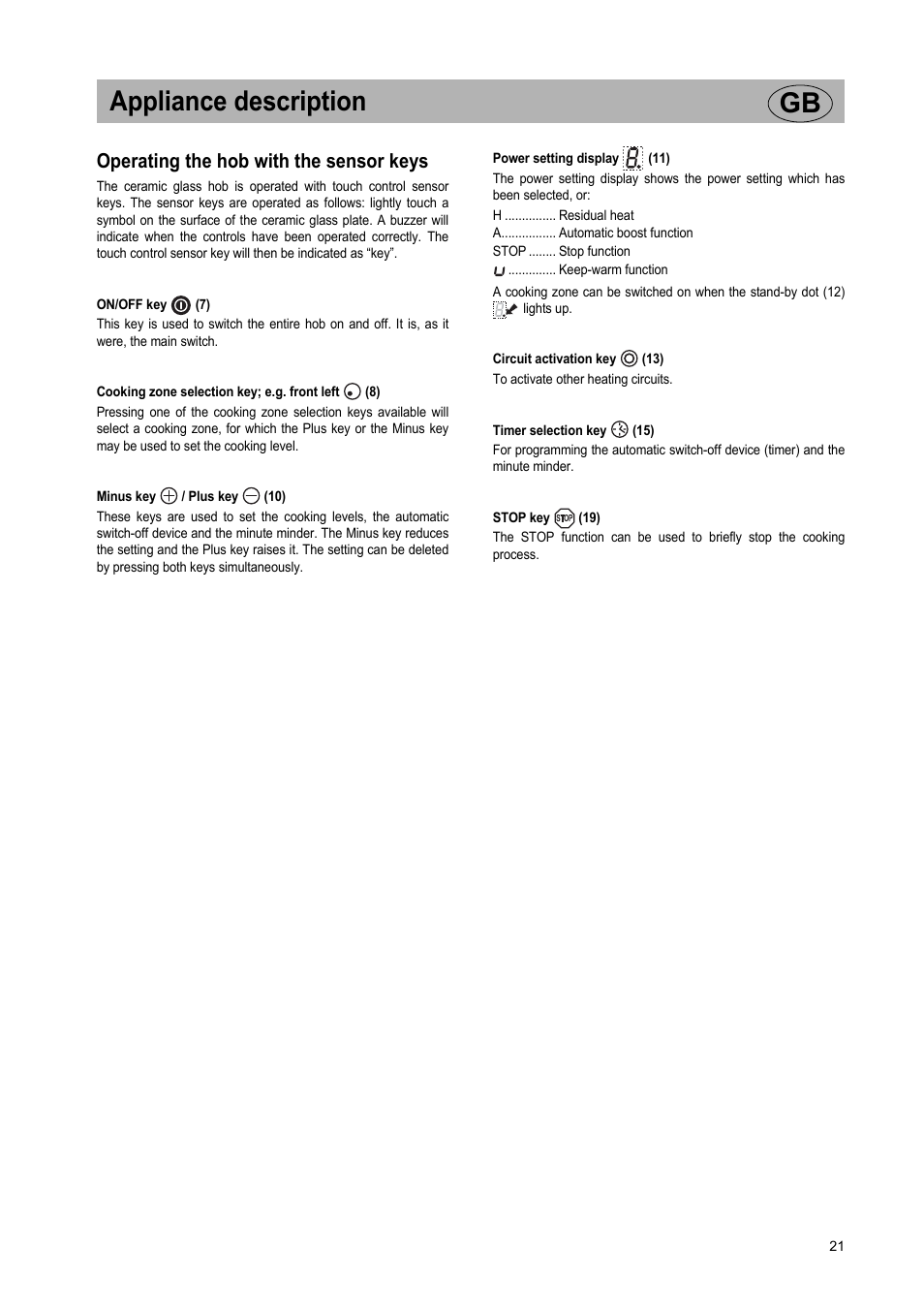 Appliance description gb, Operating the hob with the sensor keys | Teka VR TC 95 4I User Manual | Page 21 / 113