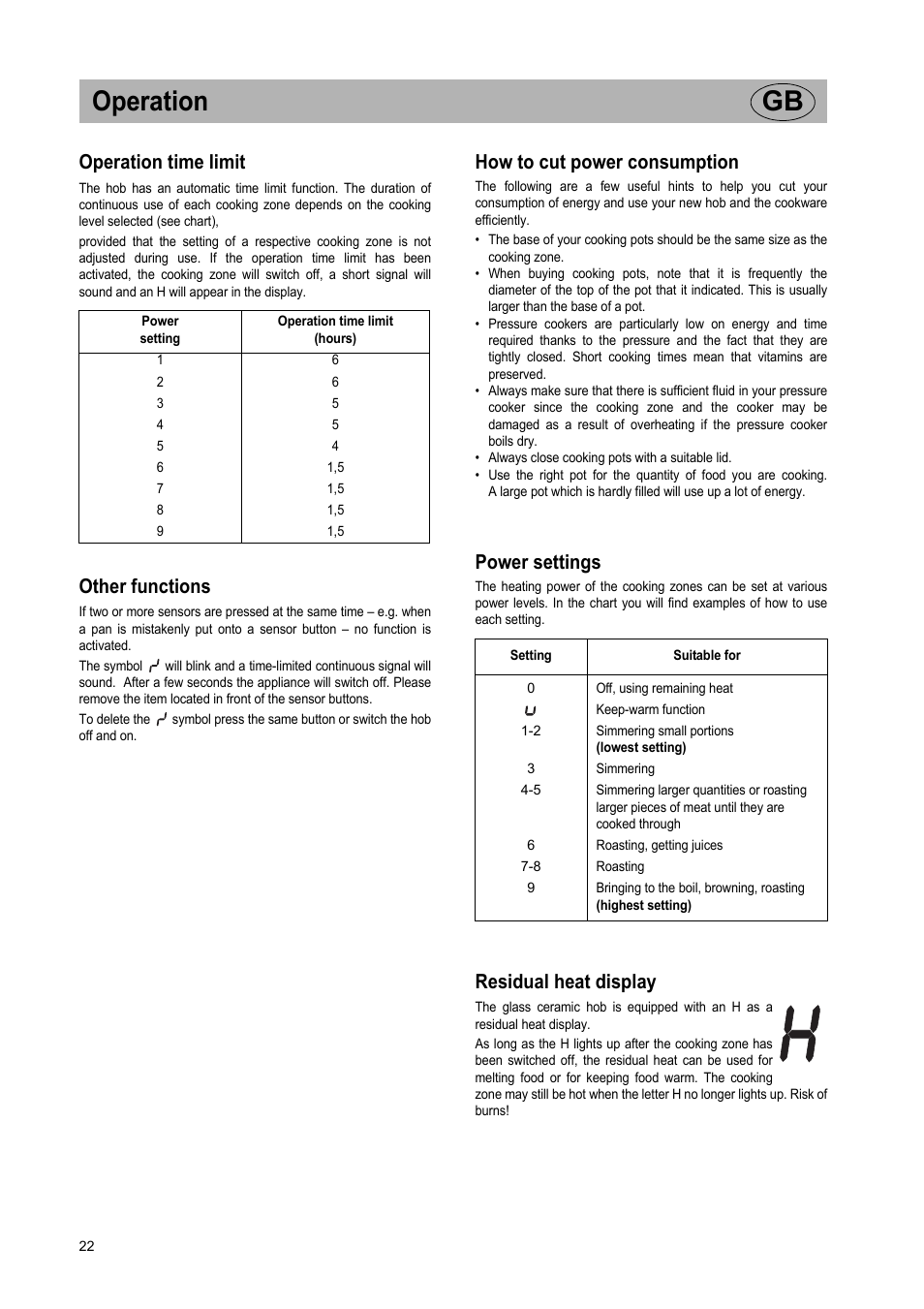 Operation gb, Operation time limit, Other functions | How to cut power consumption, Power settings, Residual heat display | Teka VR TC 95 4I User Manual | Page 22 / 113