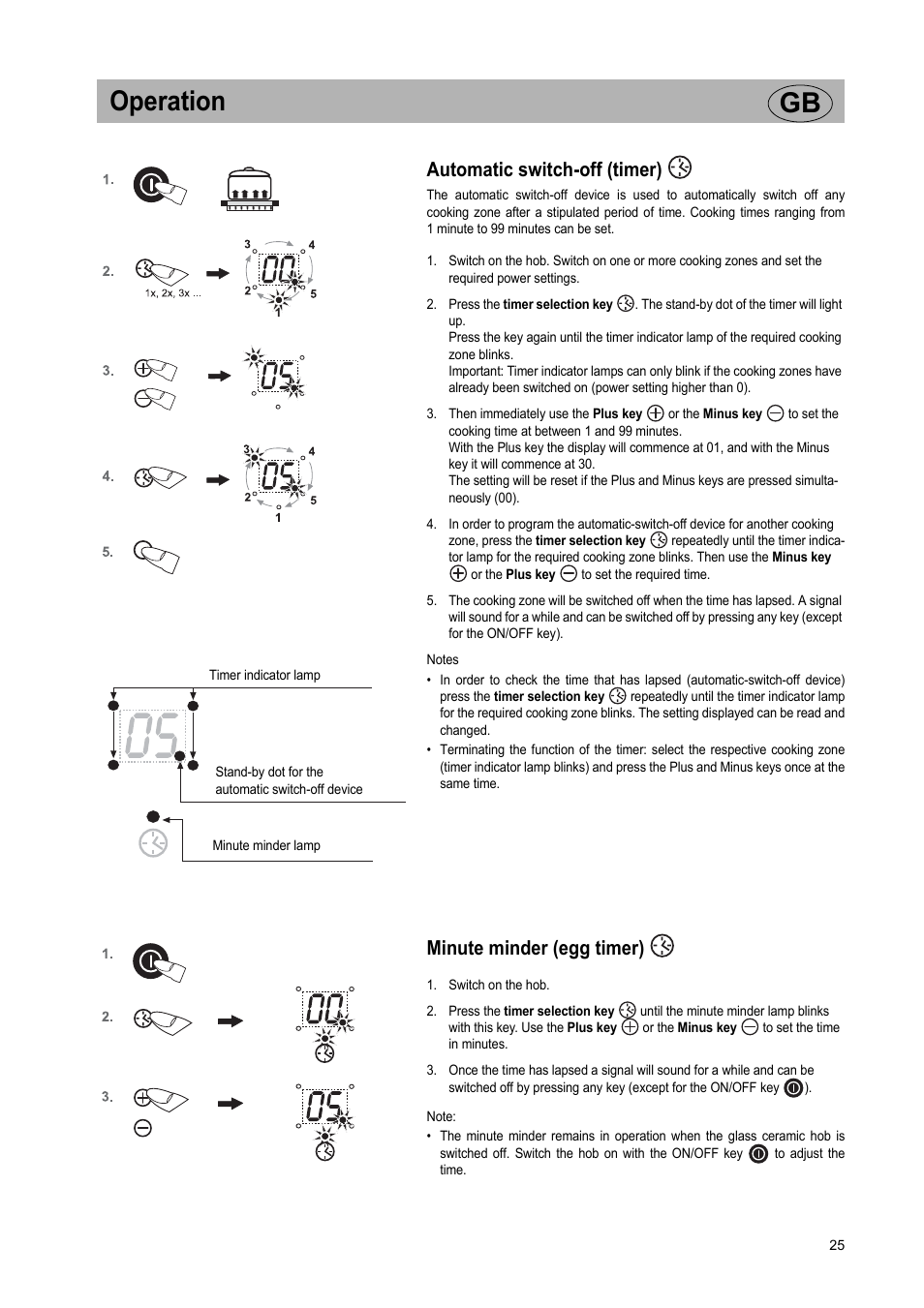 Operation gb, Automatic switch-off (timer), Minute minder (egg timer) | Teka VR TC 95 4I User Manual | Page 25 / 113