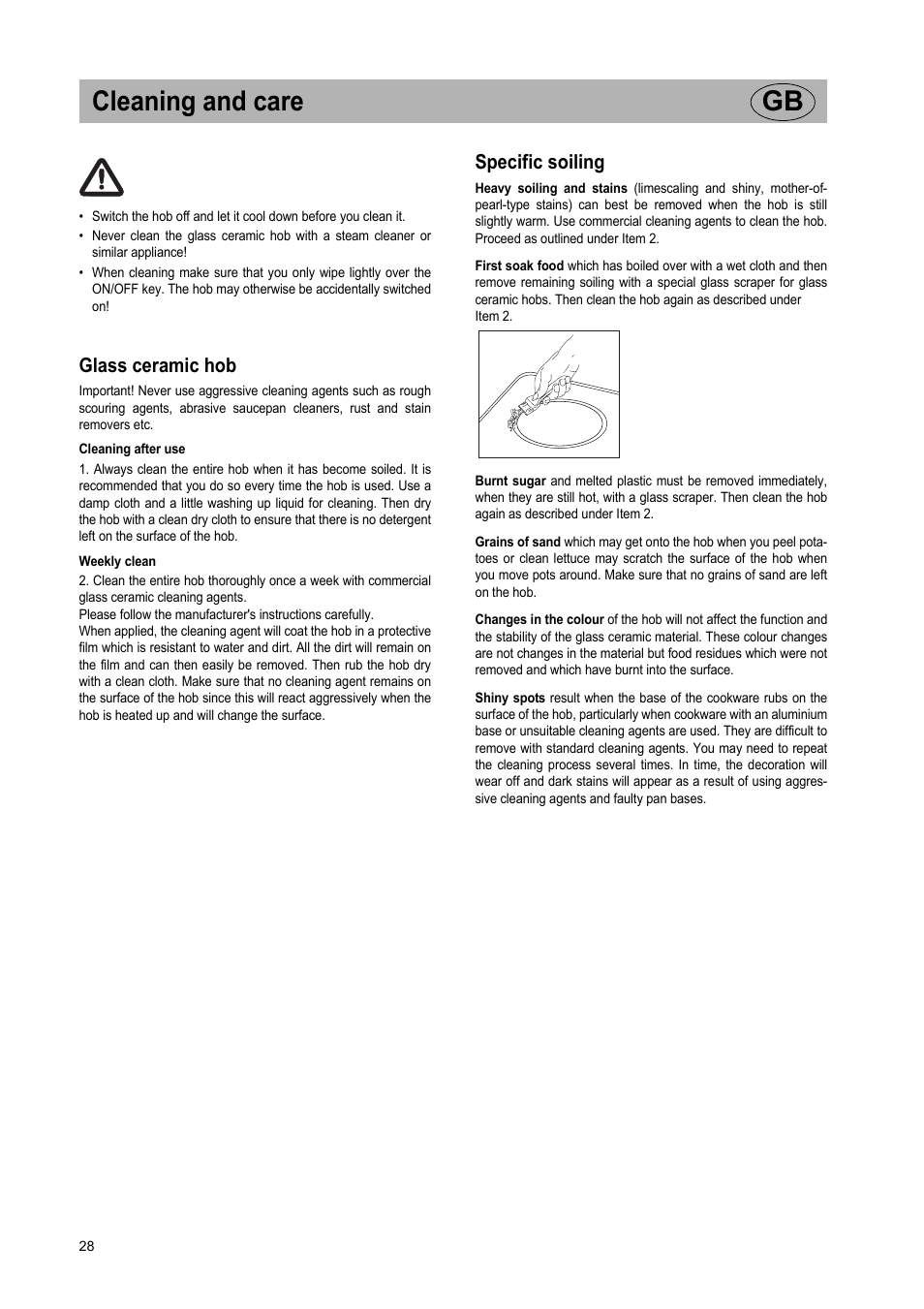 Cleaning and care gb, Glass ceramic hob, Specific soiling | Teka VR TC 95 4I User Manual | Page 28 / 113