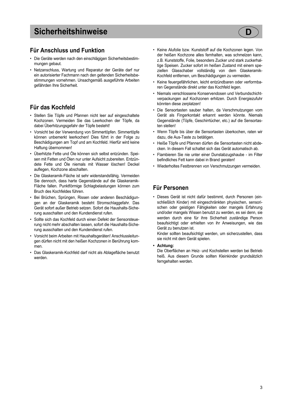 Sicherheitshinweise d, Für anschluss und funktion, Für das kochfeld | Für personen | Teka VR TC 95 4I User Manual | Page 3 / 113
