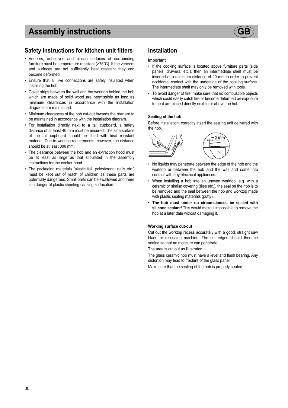 Assembly instructions gb, Safety instructions for kitchen unit fitters, Installation | Teka VR TC 95 4I User Manual | Page 30 / 113