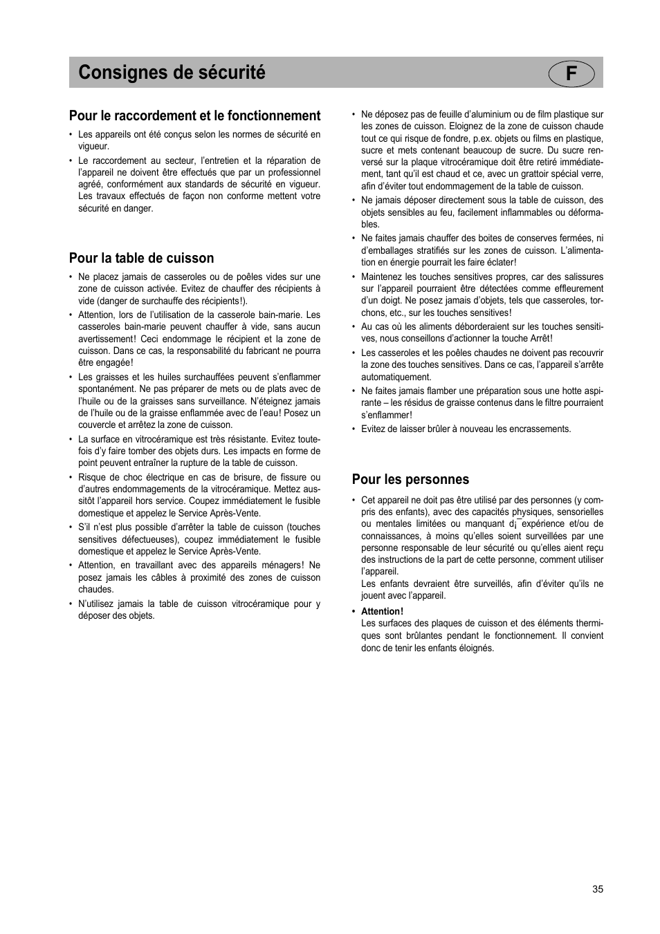 Consignes de sécurité f, Pour le raccordement et le fonctionnement, Pour la table de cuisson | Pour les personnes | Teka VR TC 95 4I User Manual | Page 35 / 113
