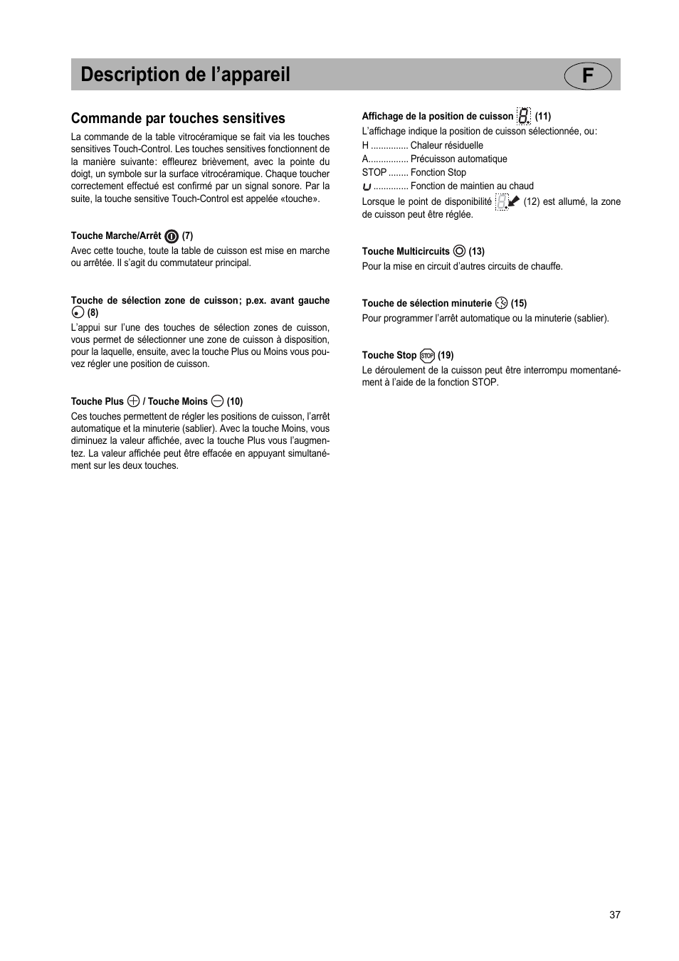 Description de l’appareil f, Commande par touches sensitives | Teka VR TC 95 4I User Manual | Page 37 / 113