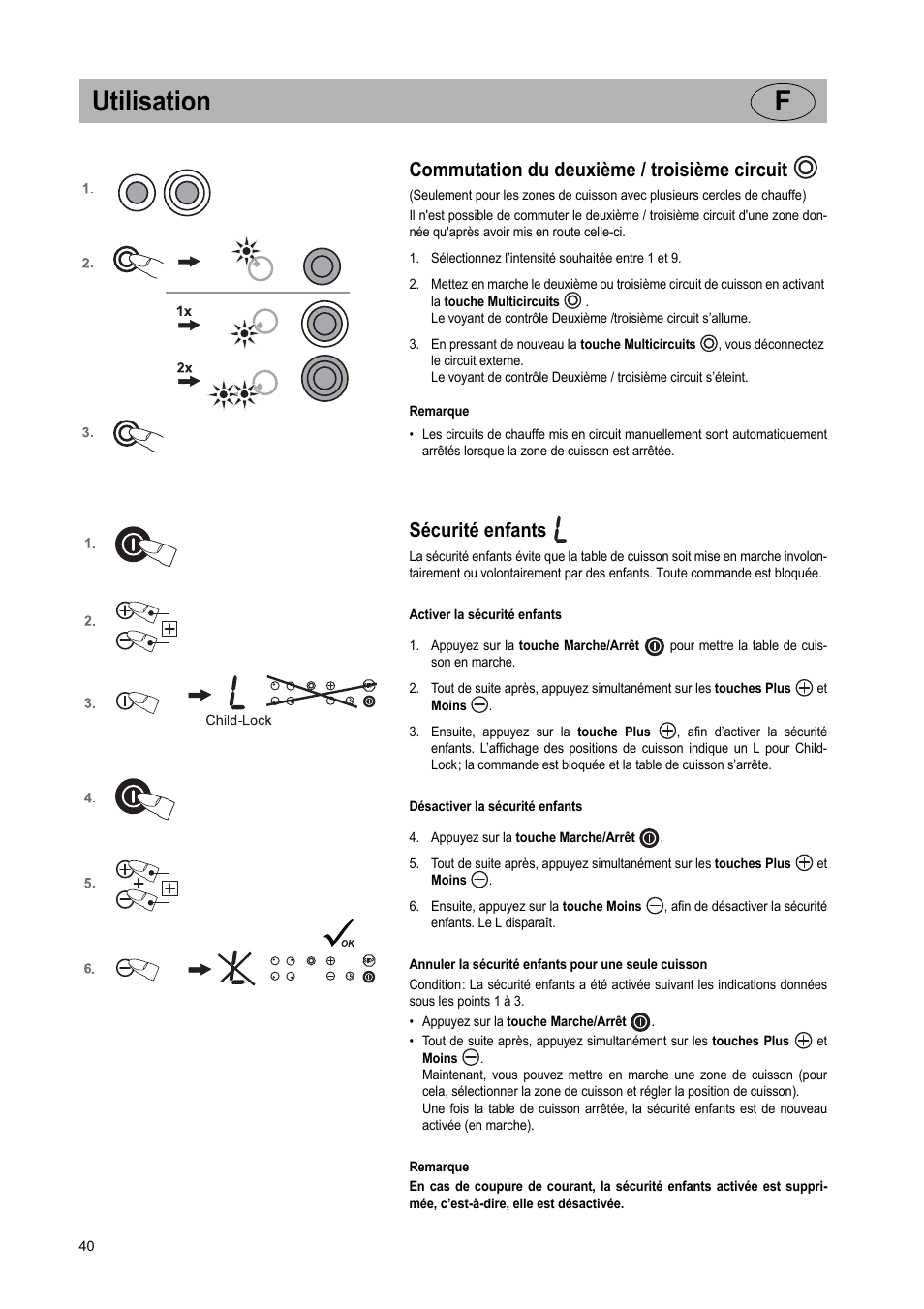 Utilisation f, Commutation du deuxième / troisième circuit, Sécurité enfants | Teka VR TC 95 4I User Manual | Page 40 / 113