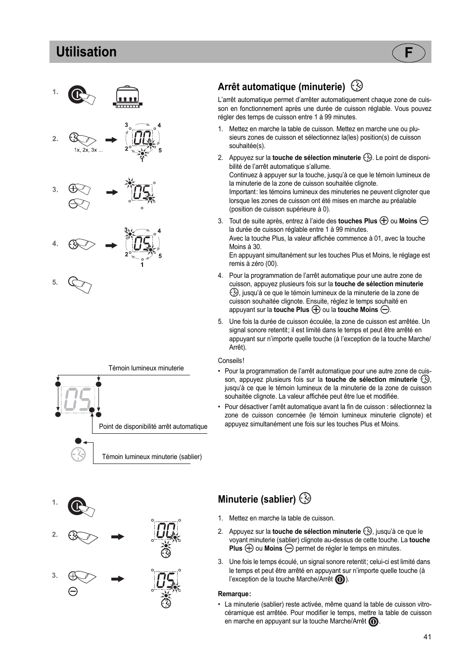 Utilisation f, Arrêt automatique (minuterie), Minuterie (sablier) | Teka VR TC 95 4I User Manual | Page 41 / 113