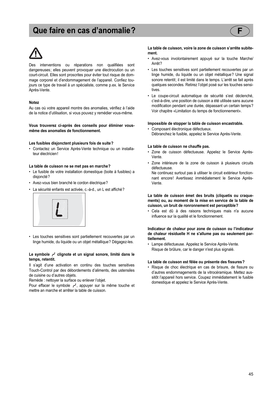 Que faire en cas d’anomalie? f | Teka VR TC 95 4I User Manual | Page 45 / 113