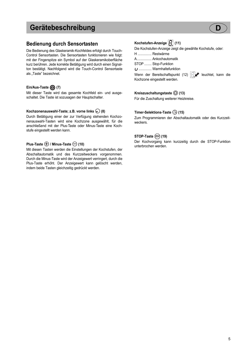 Gerätebeschreibung d, Bedienung durch sensortasten | Teka VR TC 95 4I User Manual | Page 5 / 113