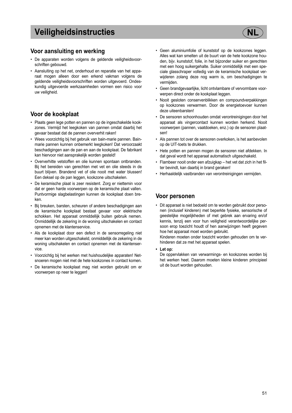 Veiligheidsinstructies nl, Voor aansluiting en werking, Voor de kookplaat | Voor personen | Teka VR TC 95 4I User Manual | Page 51 / 113