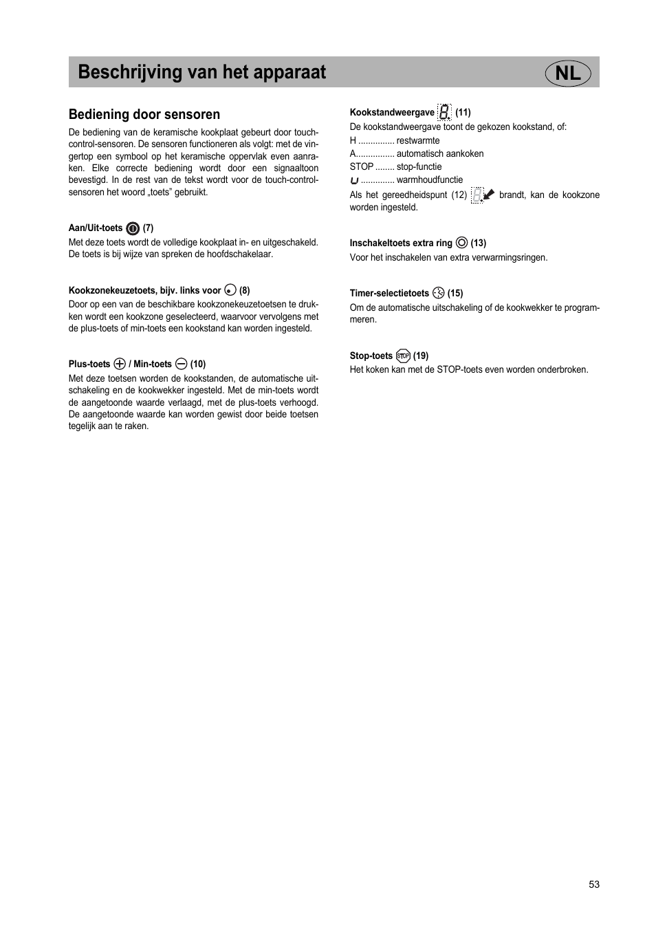 Beschrijving van het apparaat nl, Bediening door sensoren | Teka VR TC 95 4I User Manual | Page 53 / 113