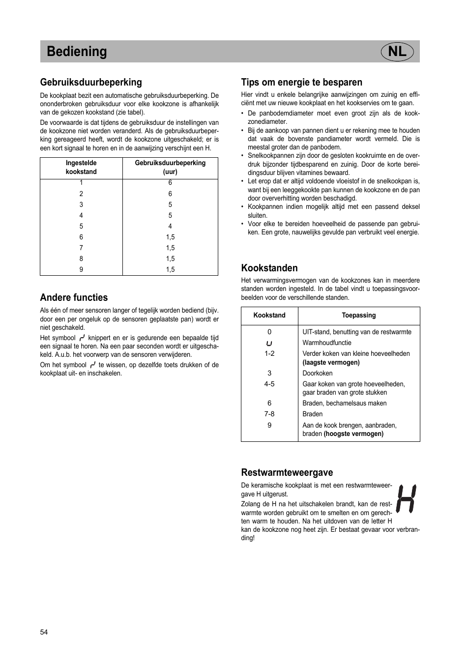 Bediening nl, Gebruiksduurbeperking, Andere functies | Tips om energie te besparen, Kookstanden, Restwarmteweergave | Teka VR TC 95 4I User Manual | Page 54 / 113