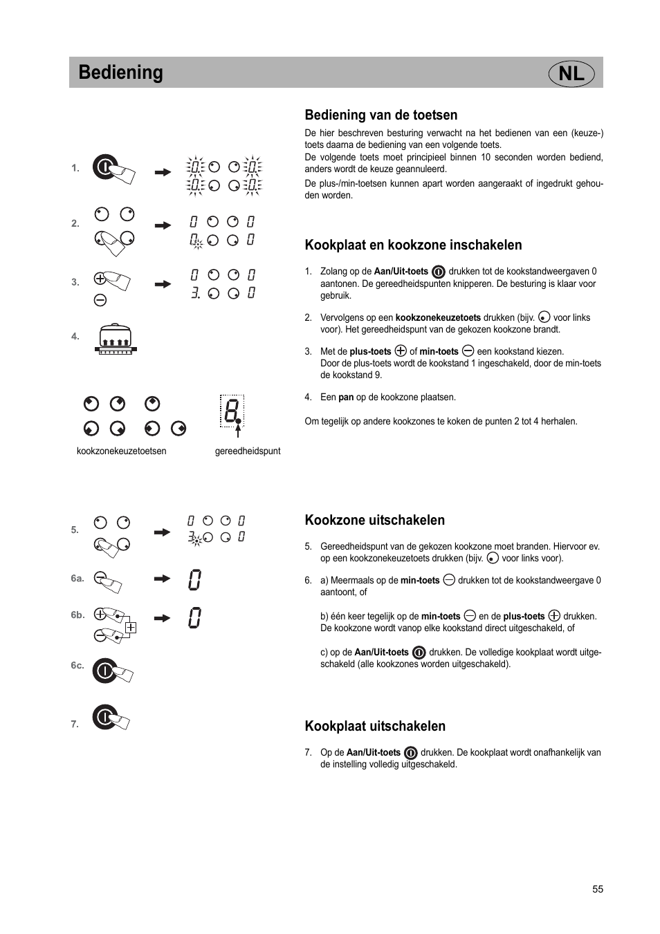 Bediening nl, Bediening van de toetsen, Kookplaat en kookzone inschakelen | Kookzone uitschakelen, Kookplaat uitschakelen | Teka VR TC 95 4I User Manual | Page 55 / 113