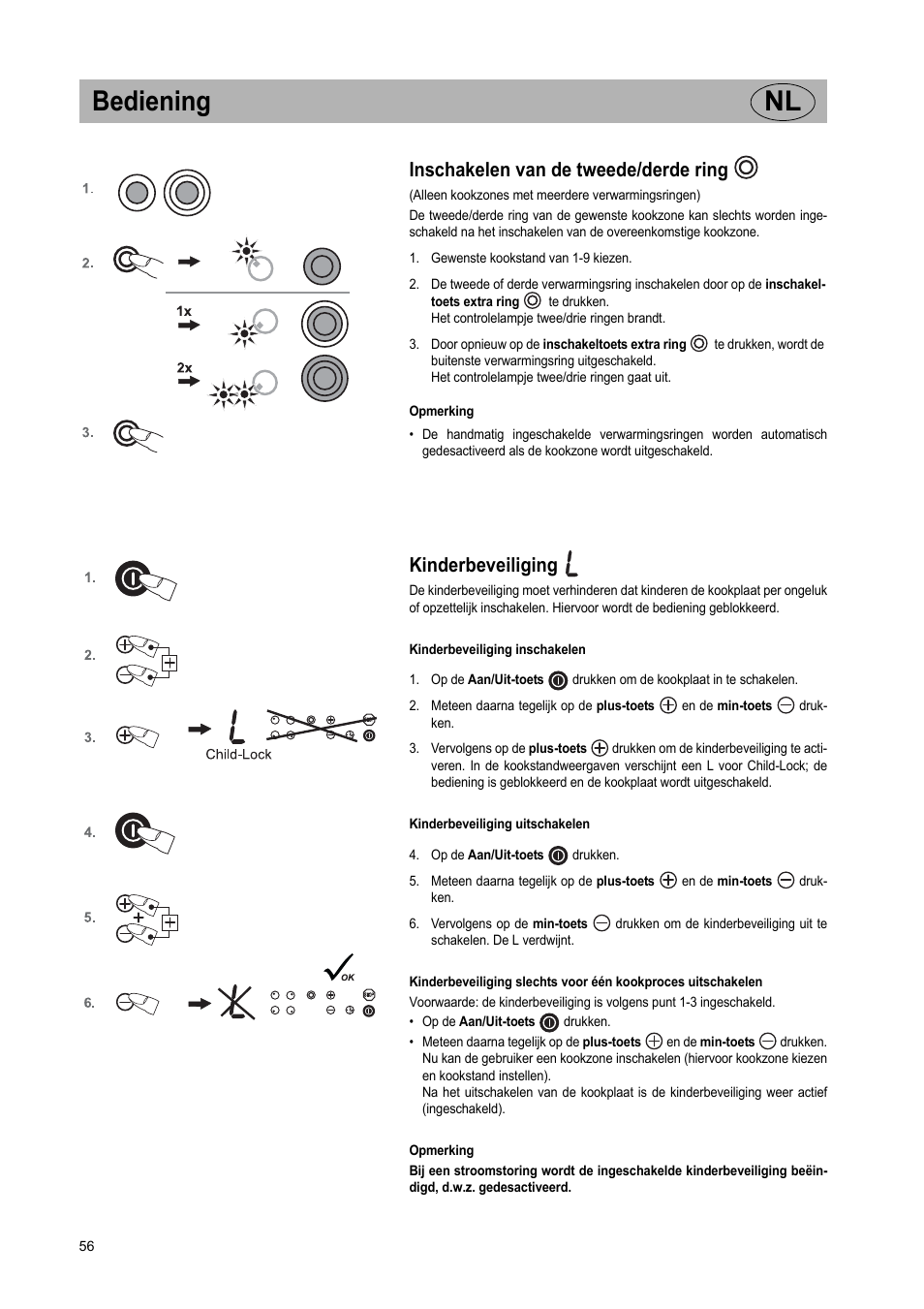 Bediening nl, Inschakelen van de tweede/derde ring, Kinderbeveiliging | Teka VR TC 95 4I User Manual | Page 56 / 113