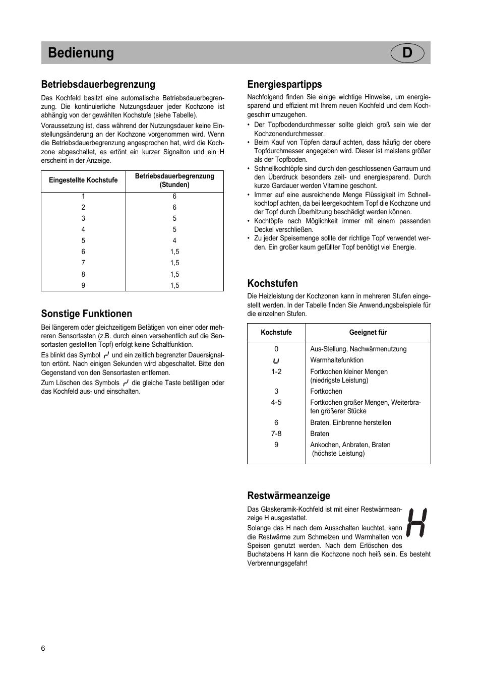 Bedienung d, Betriebsdauerbegrenzung, Sonstige funktionen | Energiespartipps, Kochstufen, Restwärmeanzeige | Teka VR TC 95 4I User Manual | Page 6 / 113