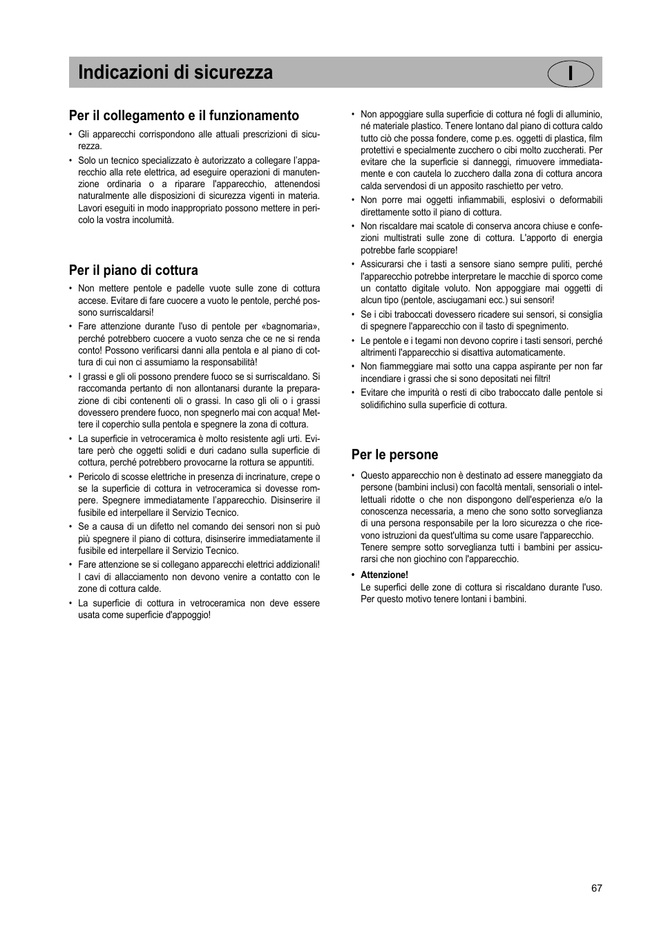 Indicazioni di sicurezza i, Per il collegamento e il funzionamento, Per il piano di cottura | Per le persone | Teka VR TC 95 4I User Manual | Page 67 / 113