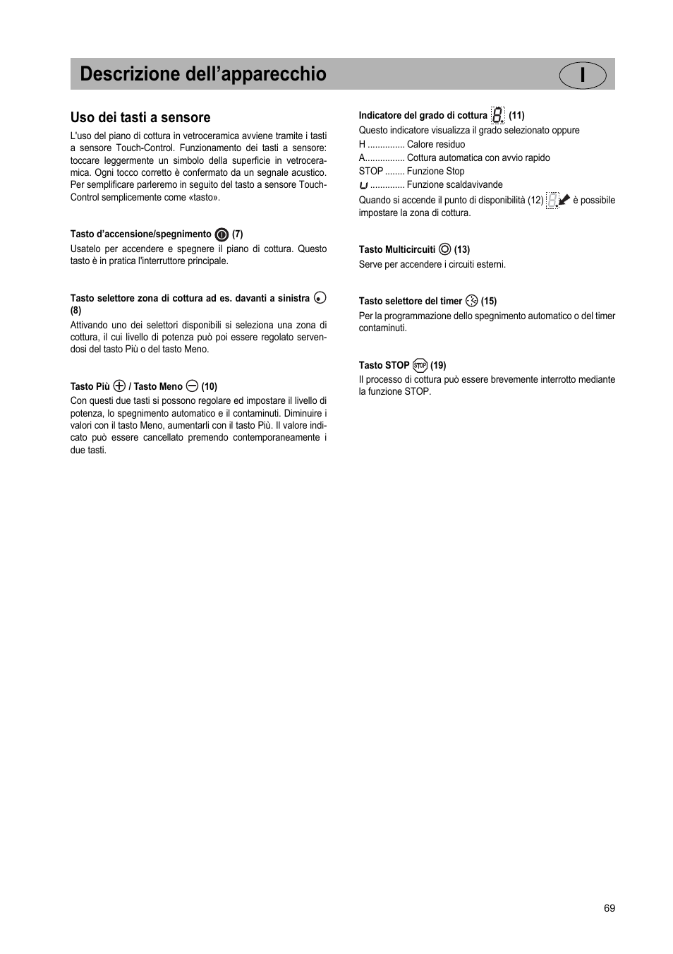 Descrizione dell’apparecchio i, Uso dei tasti a sensore | Teka VR TC 95 4I User Manual | Page 69 / 113