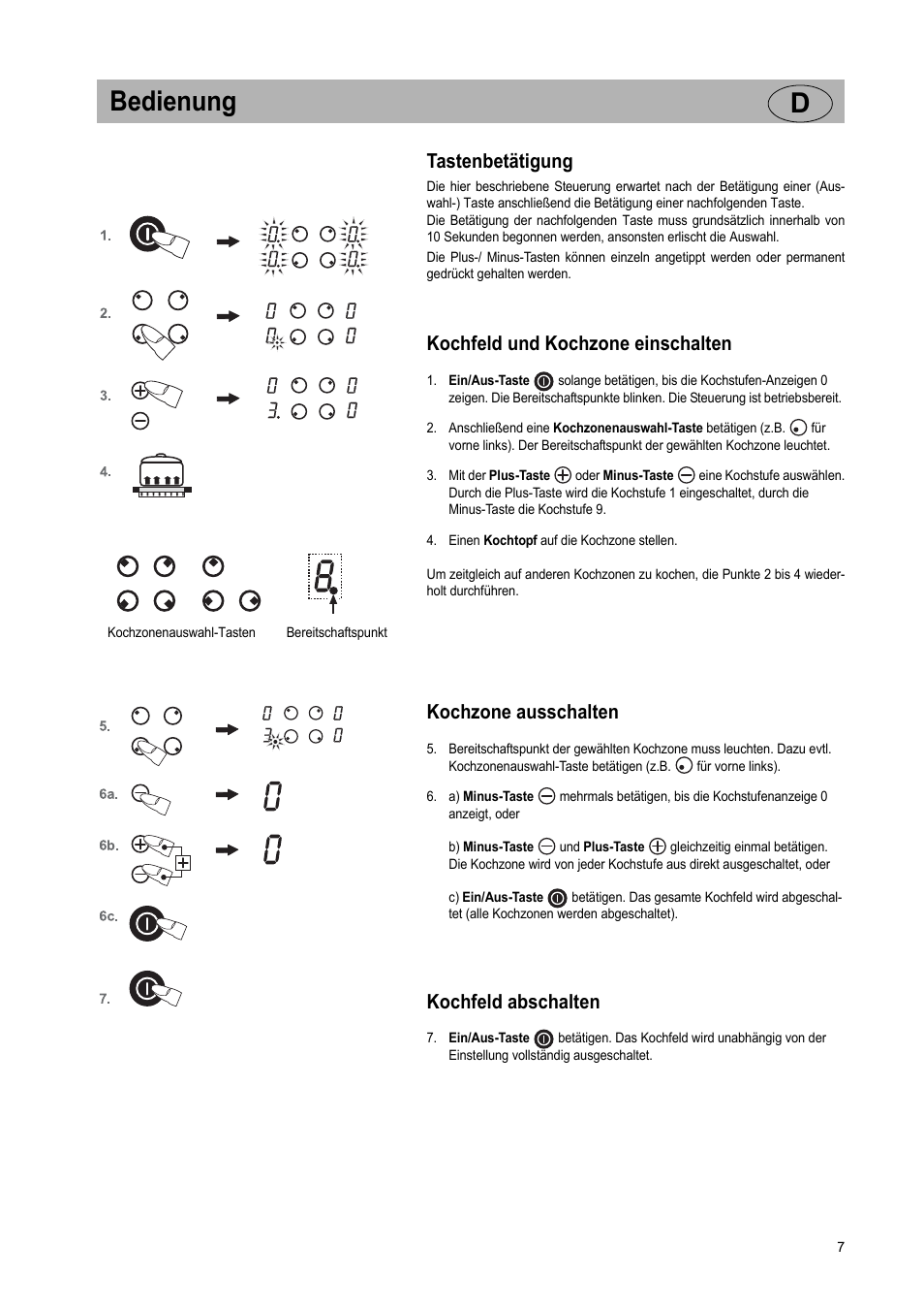 Bedienung d, Tastenbetätigung, Kochfeld und kochzone einschalten | Kochzone ausschalten, Kochfeld abschalten | Teka VR TC 95 4I User Manual | Page 7 / 113