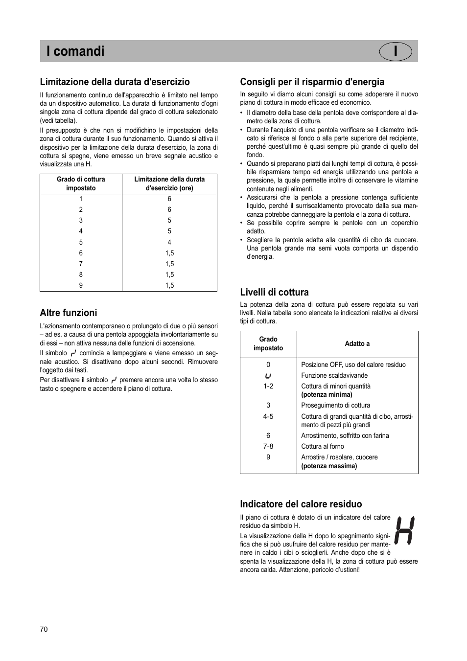 I comandi i, Limitazione della durata d'esercizio, Altre funzioni | Consigli per il risparmio d'energia, Livelli di cottura, Indicatore del calore residuo | Teka VR TC 95 4I User Manual | Page 70 / 113