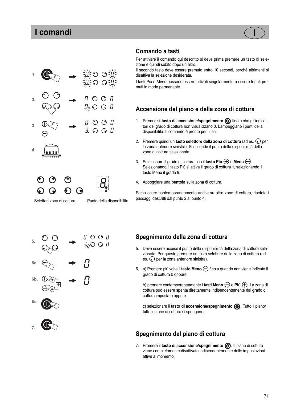 I comandi i, Comando a tasti, Accensione del piano e della zona di cottura | Spegnimento della zona di cottura, Spegnimento del piano di cottura | Teka VR TC 95 4I User Manual | Page 71 / 113
