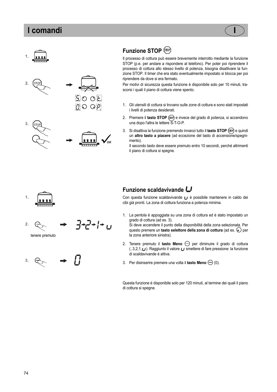 I comandi i, Funzione stop, Funzione scaldavivande | Teka VR TC 95 4I User Manual | Page 74 / 113