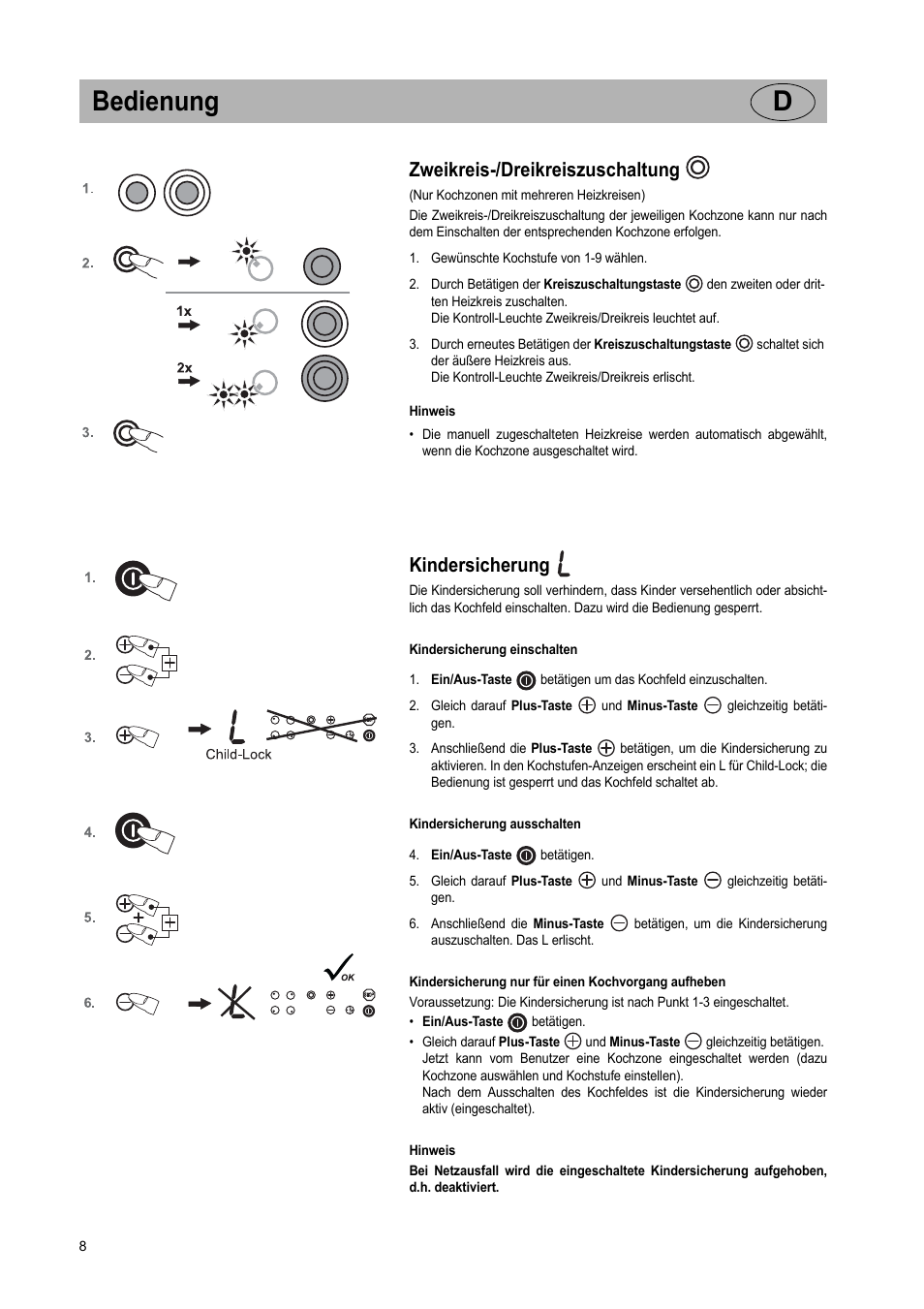 Bedienung d, Zweikreis-/dreikreiszuschaltung, Kindersicherung | Teka VR TC 95 4I User Manual | Page 8 / 113