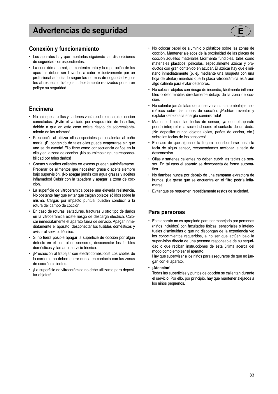 Advertencias de seguridad e, Conexión y funcionamiento, Encimera | Para personas | Teka VR TC 95 4I User Manual | Page 83 / 113