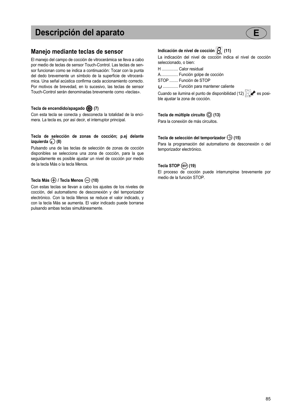 Descripción del aparato e, Manejo mediante teclas de sensor | Teka VR TC 95 4I User Manual | Page 85 / 113