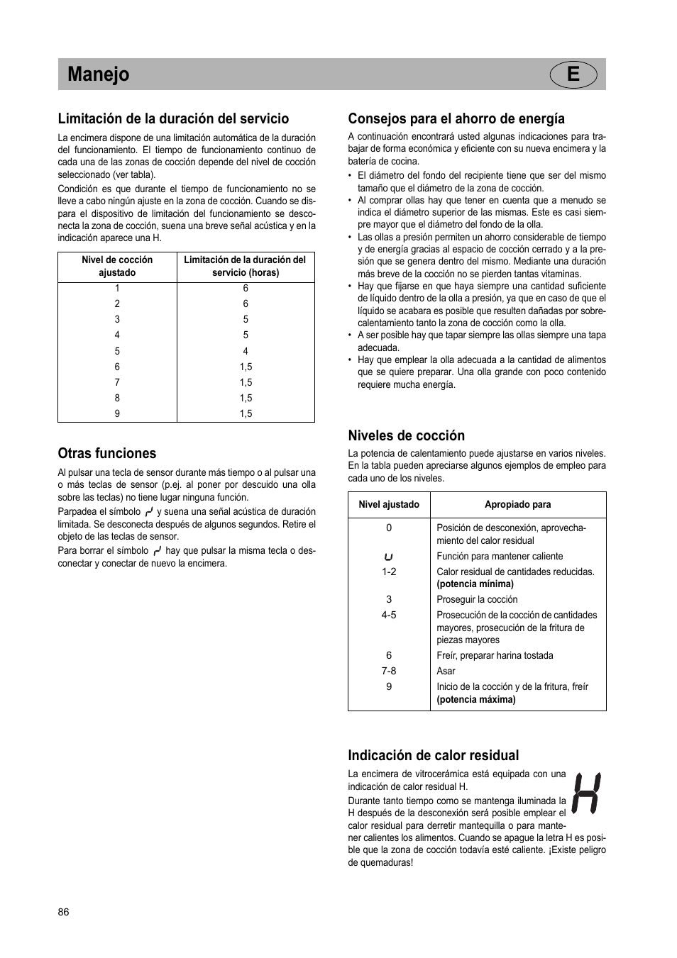 Manejo e, Limitación de la duración del servicio, Otras funciones | Consejos para el ahorro de energía, Niveles de cocción, Indicación de calor residual | Teka VR TC 95 4I User Manual | Page 86 / 113