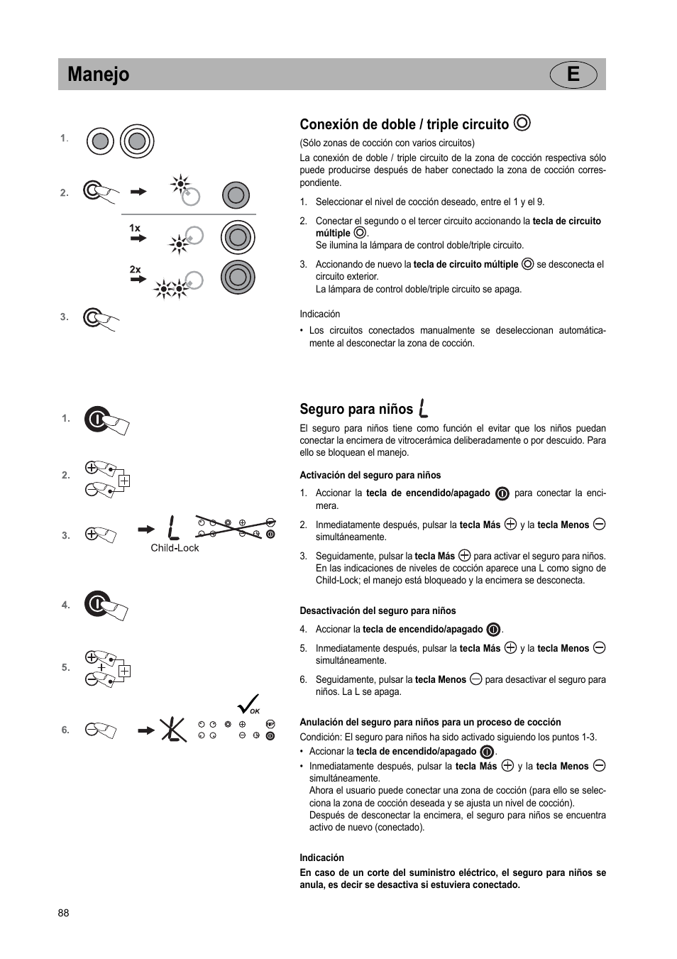 Manejo e, Conexión de doble / triple circuito, Seguro para niños | Teka VR TC 95 4I User Manual | Page 88 / 113