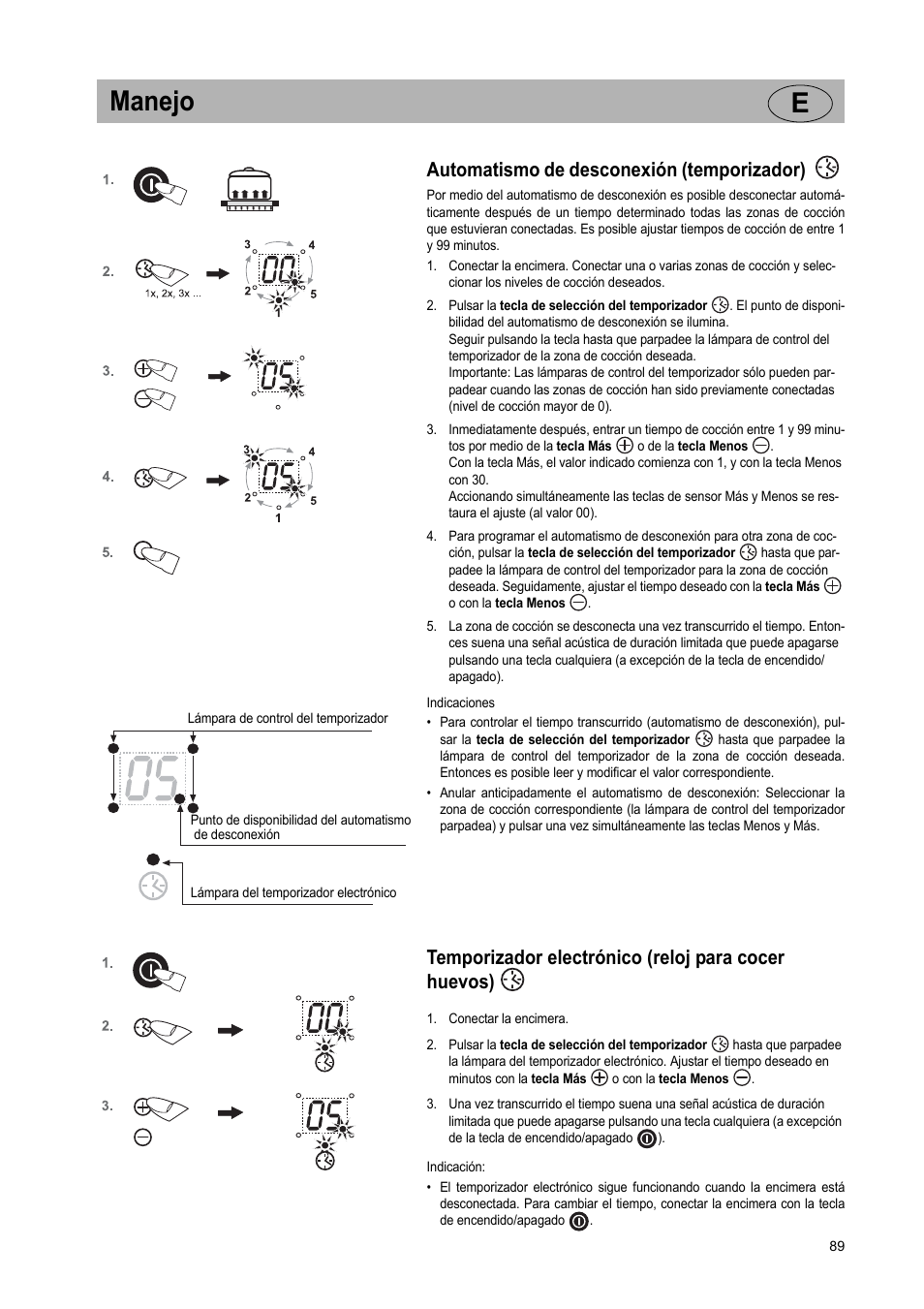 Manejo e, Automatismo de desconexión (temporizador), Temporizador electrónico (reloj para cocer huevos) | Teka VR TC 95 4I User Manual | Page 89 / 113