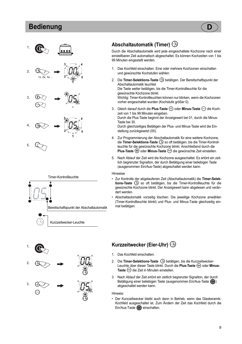 Bedienung d, Abschaltautomatik (timer), Kurzzeitwecker (eier-uhr) | Teka VR TC 95 4I User Manual | Page 9 / 113