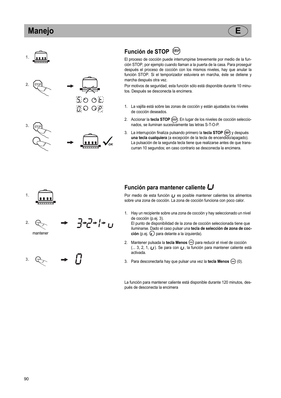 Manejo e, Función de stop, Función para mantener caliente | Teka VR TC 95 4I User Manual | Page 90 / 113