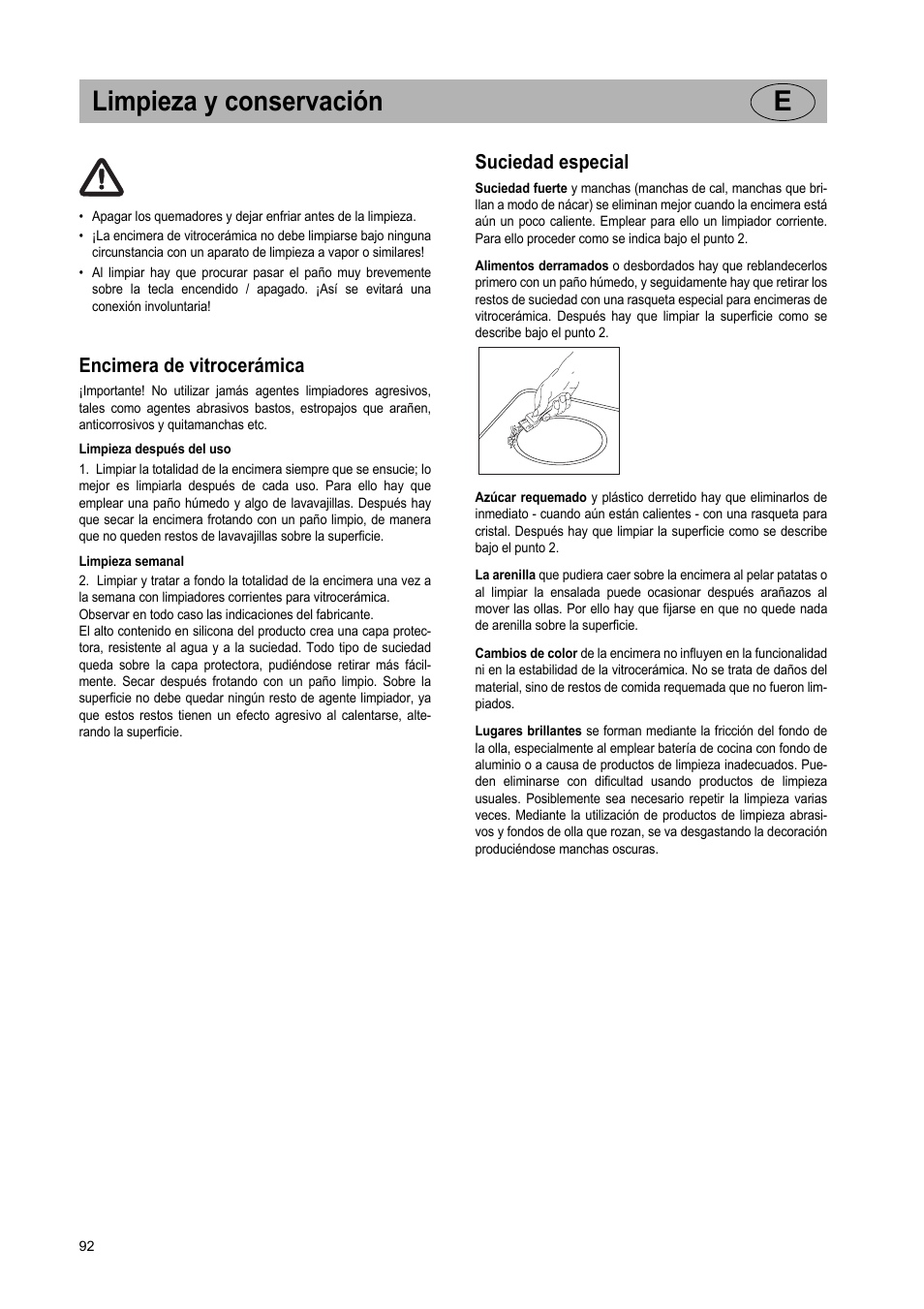 Limpieza y conservación e, Encimera de vitrocerámica, Suciedad especial | Teka VR TC 95 4I User Manual | Page 92 / 113