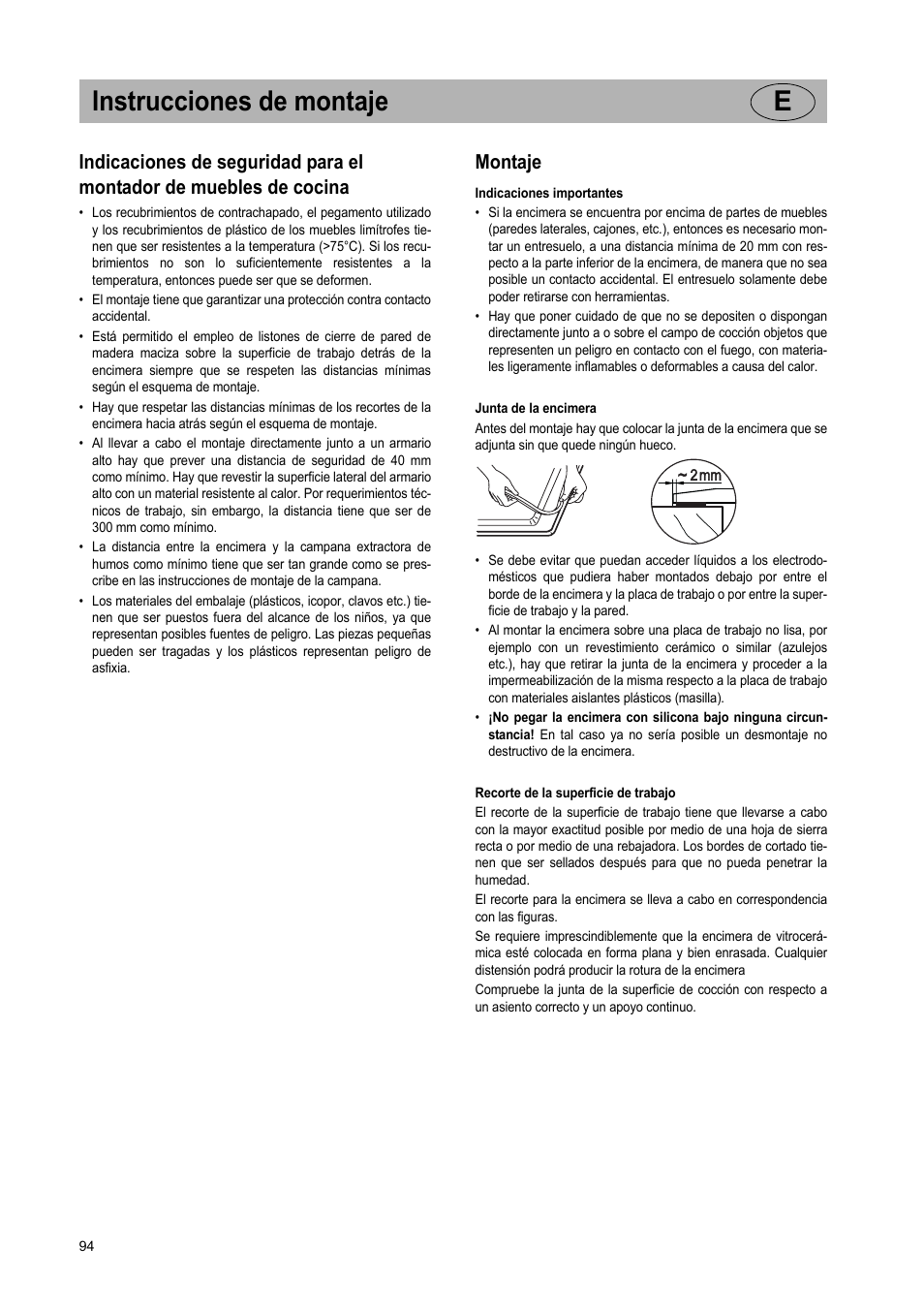 Instrucciones de montaje e, Montaje | Teka VR TC 95 4I User Manual | Page 94 / 113