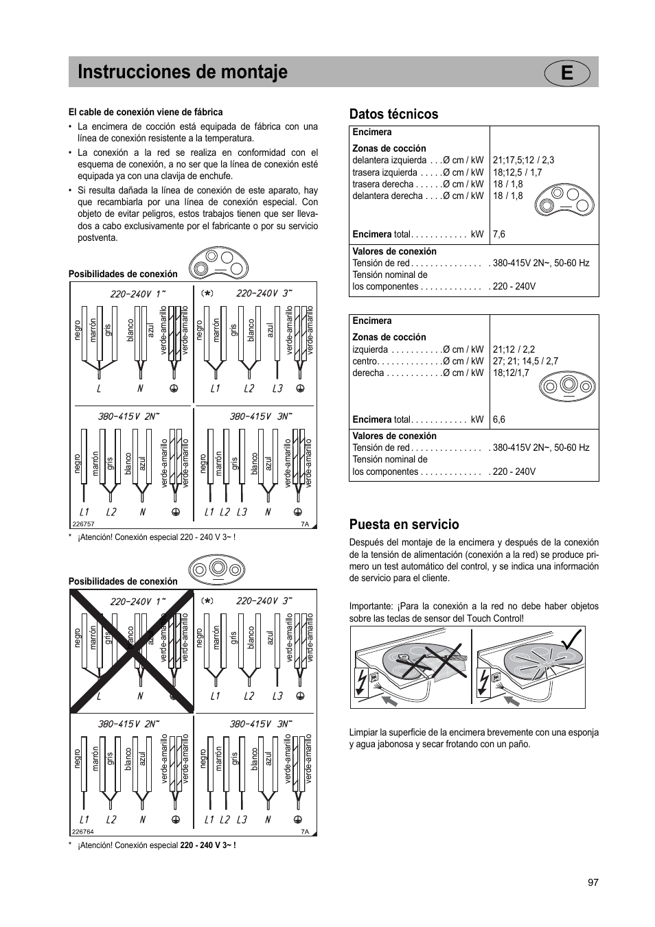 Instrucciones de montaje e, Datos técnicos puesta en servicio | Teka VR TC 95 4I User Manual | Page 97 / 113