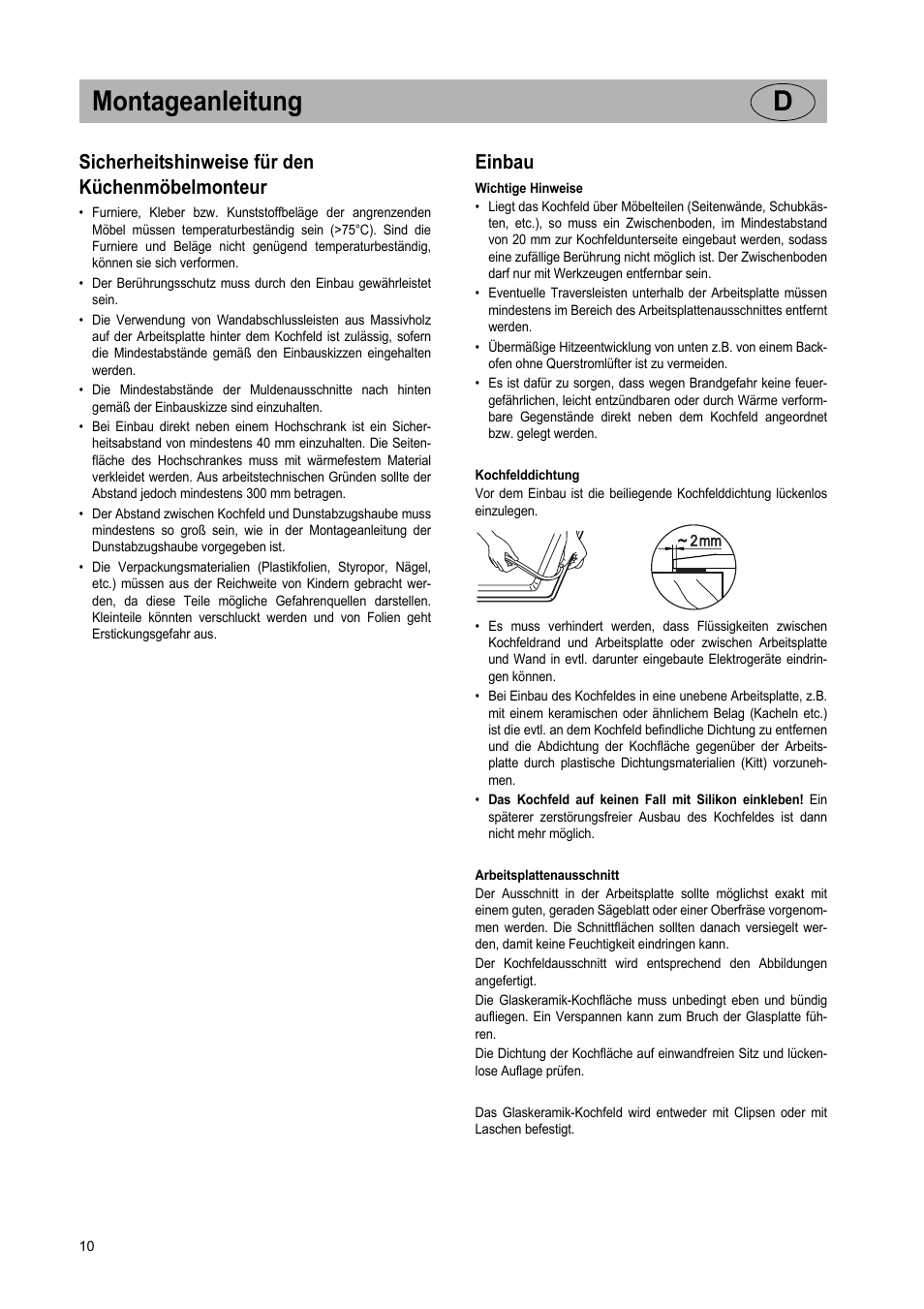 Montageanleitung d, Sicherheitshinweise für den küchenmöbelmonteur, Einbau | Teka VT TC 1G User Manual | Page 10 / 85