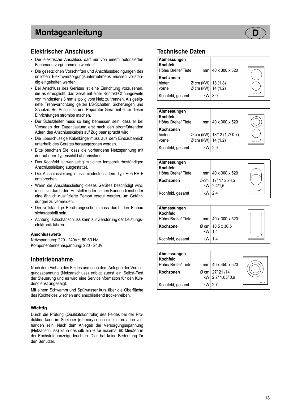 Montageanleitung d, Elektrischer anschluss, Inbetriebnahme | Technische daten | Teka VT TC 1G User Manual | Page 13 / 85