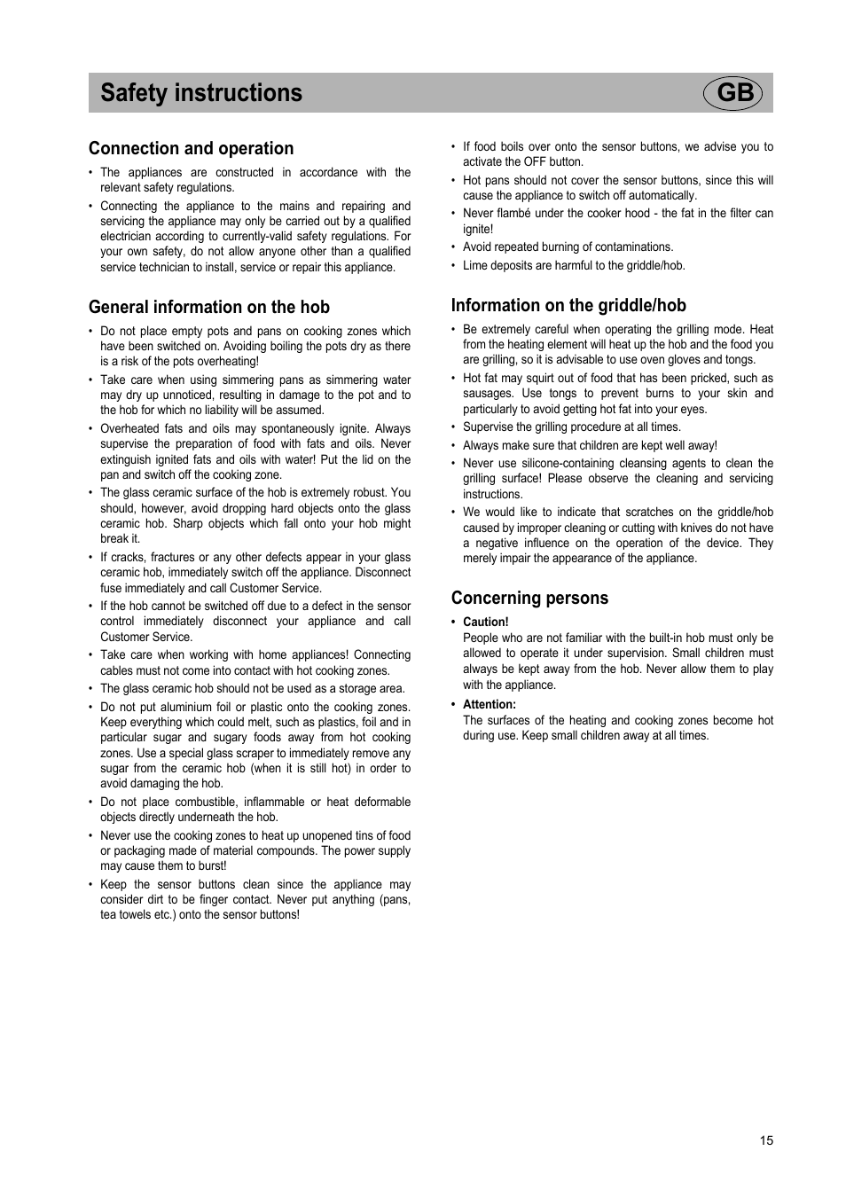 Safety instructions gb, Connection and operation, General information on the hob | Information on the griddle/hob, Concerning persons | Teka VT TC 1G User Manual | Page 15 / 85