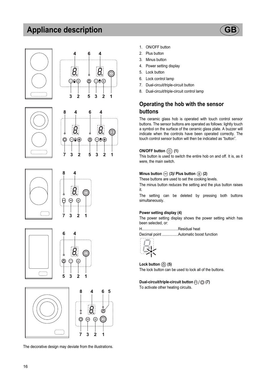 Appliance description gb, Operating the hob with the sensor buttons | Teka VT TC 1G User Manual | Page 16 / 85