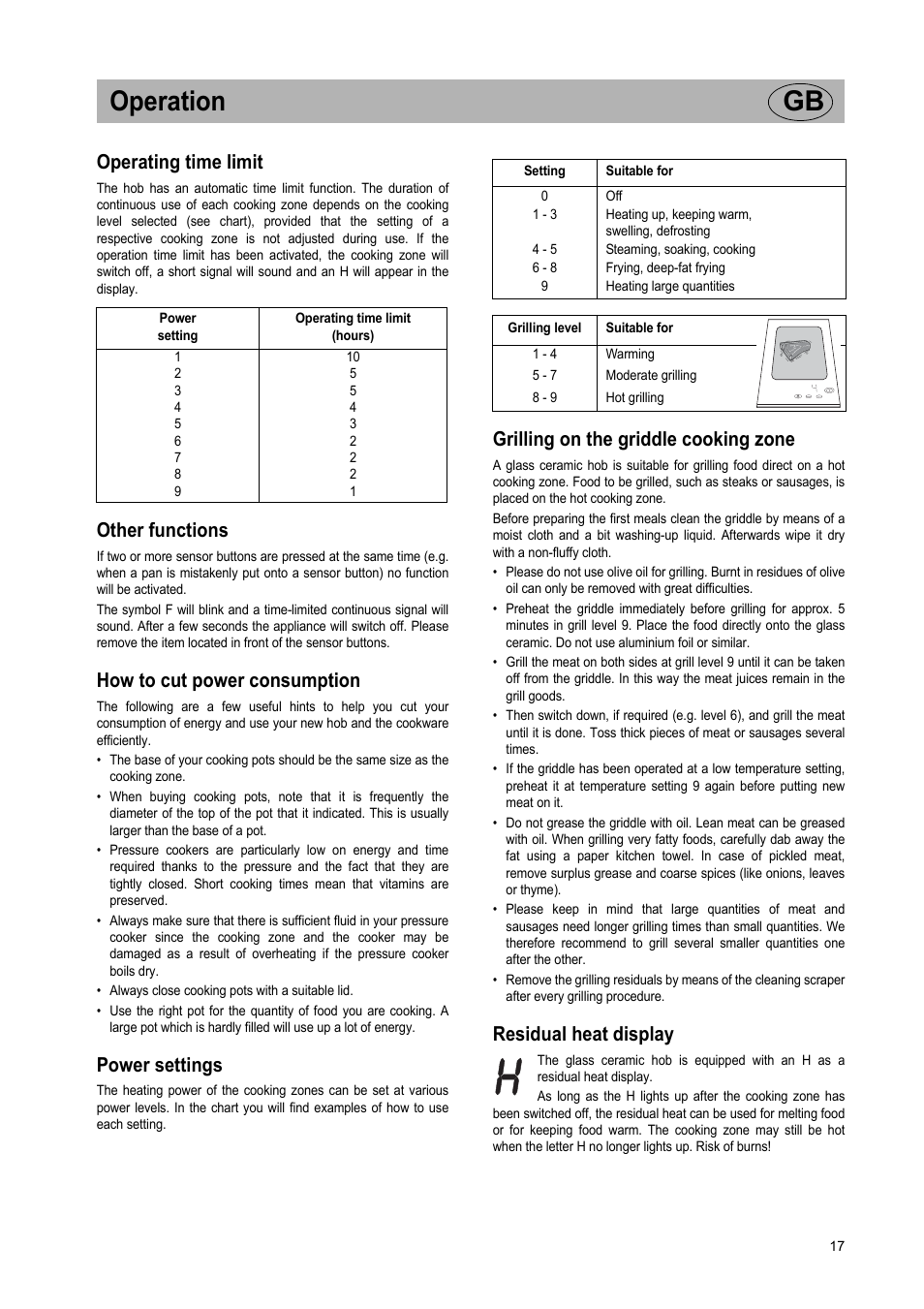 Operation gb, Operating time limit, Other functions | How to cut power consumption, Power settings, Grilling on the griddle cooking zone, Residual heat display | Teka VT TC 1G User Manual | Page 17 / 85