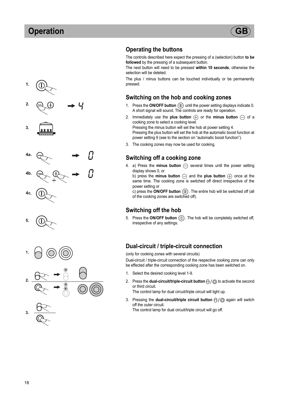 Operation gb, Operating the buttons, Switching on the hob and cooking zones | Switching off a cooking zone, Switching off the hob, Dual-circuit / triple-circuit connection | Teka VT TC 1G User Manual | Page 18 / 85