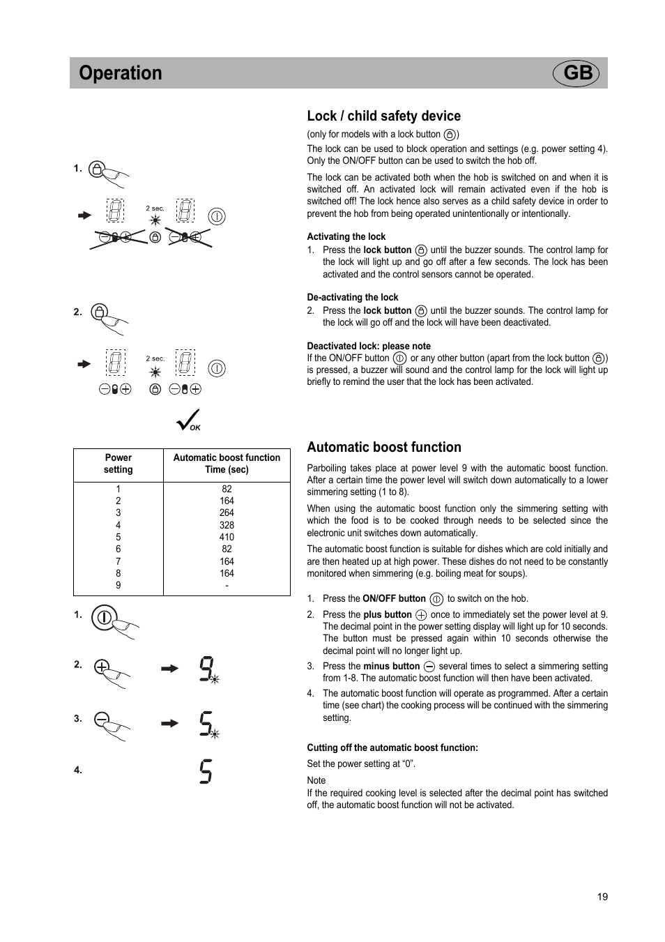 Operation gb, Lock / child safety device, Automatic boost function | Teka VT TC 1G User Manual | Page 19 / 85