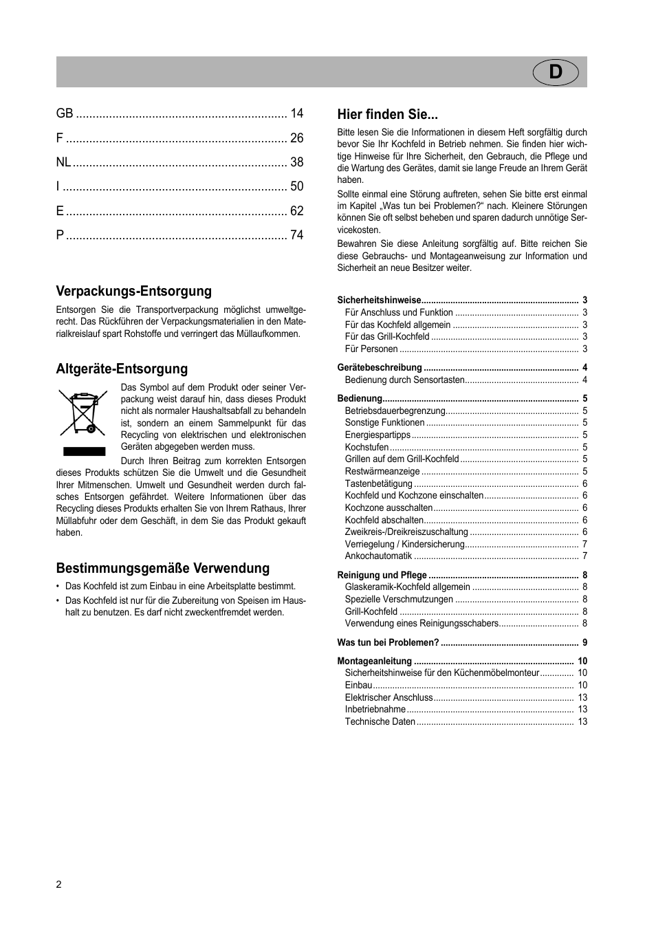 Verpackungs-entsorgung, Altgeräte-entsorgung, Bestimmungsgemäße verwendung | Hier finden sie | Teka VT TC 1G User Manual | Page 2 / 85